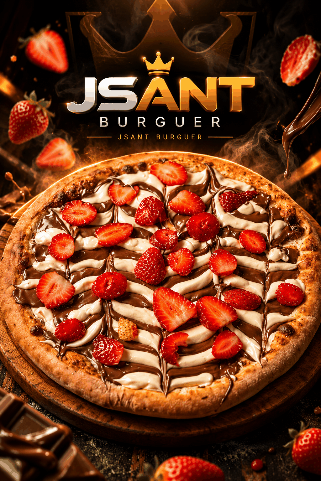Pizza doce artesanal coberta com chocolate cremoso e fatias de morangos frescos