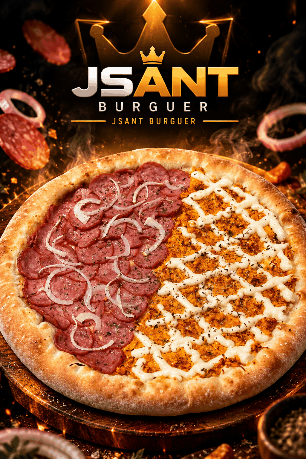 Pizza artesanal de frango desfiado temperado com fatias selecionadas de calabresa